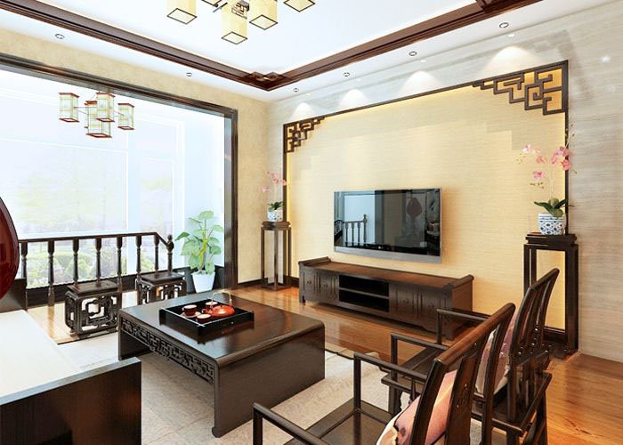 红棕色实木家具的古典中式风格中式电视墙客厅装修效果图